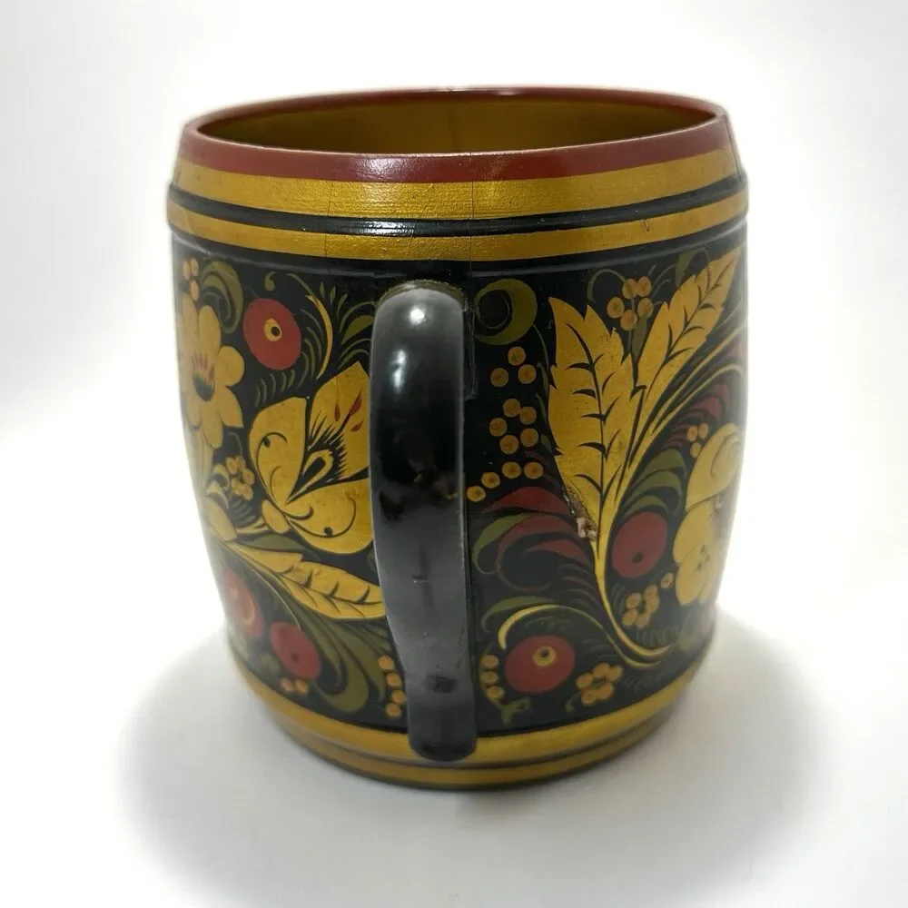 Russian Khokhloma Hand-Painted Lacquered Wood Bowl + Spoon Set Folk Art